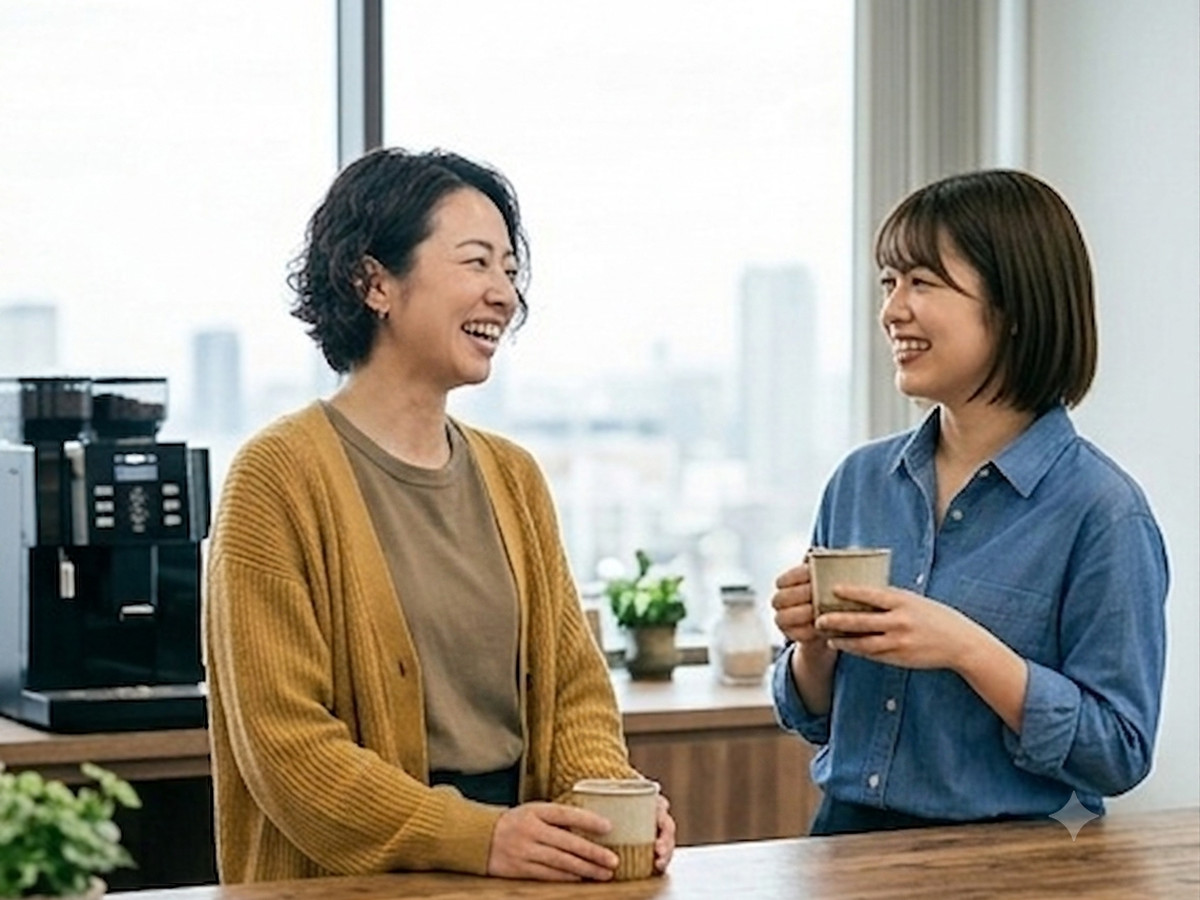 カフェスペースで和やかに会話する社員たち
